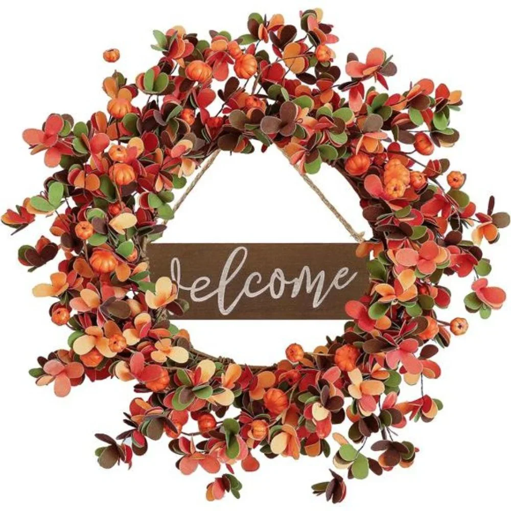 20 Inches Autumn Wreath with Eucalyptus and Pumpkins Orange Harvest Wreath